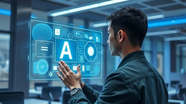 Person interacting with AI interface in futuristic office, Agentic AI Hub.