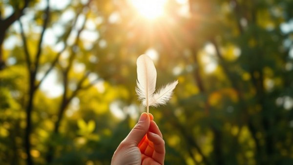 Hand with feather in sunlight, creative inspiration concept.