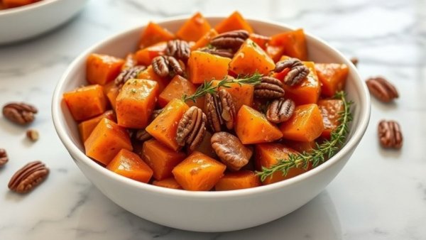 Easy Candied Sweet Potatoes in a bowl with pecans and thyme.