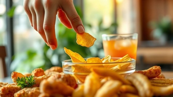 Hand reaching for potato chip, ultraprocessed foods, soft drink nearby.