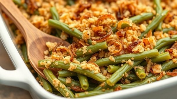Healthy green bean casserole recipe with crispy onions.