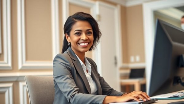 Confident woman in an office setting, showcasing digital transformation trends in long-term care.