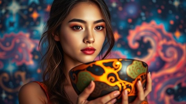 Serene woman embracing self-compassion over perfection with kintsugi art.