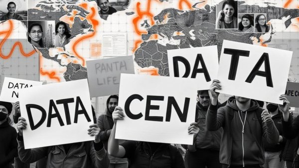 Protesters with signs against data centers in a bold artistic collage.