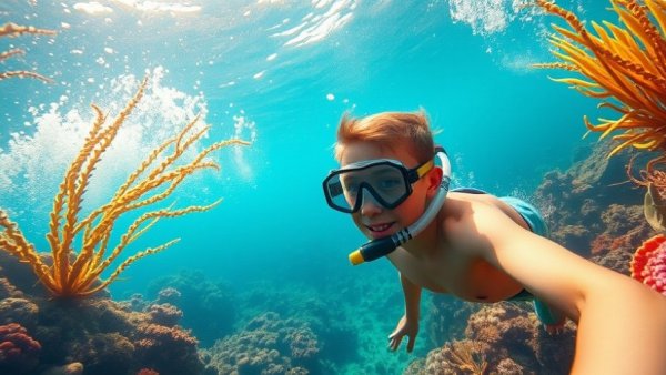 Child snorkeling underwater, exploring marine life in educational summer camp.