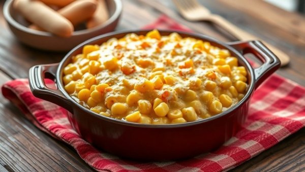 Cheesy Creamy Corn Casserole on green plate, warm setting.
