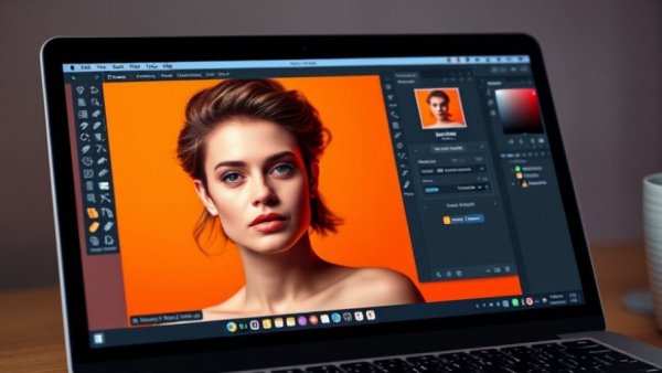 Adobe Photoshop on laptop displaying colorful portrait, orange background.