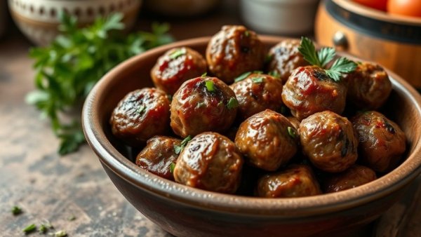 Juicy pork meatballs garnished with herbs in a ceramic bowl.