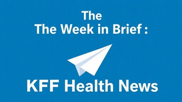 Weekly health news graphic with paper airplane on blue background.