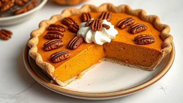 Thanksgiving pie recipes: Pumpkin pie with whipped cream and pecans.