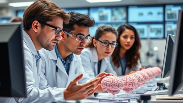 Young brain researchers examining models in a lab environment.