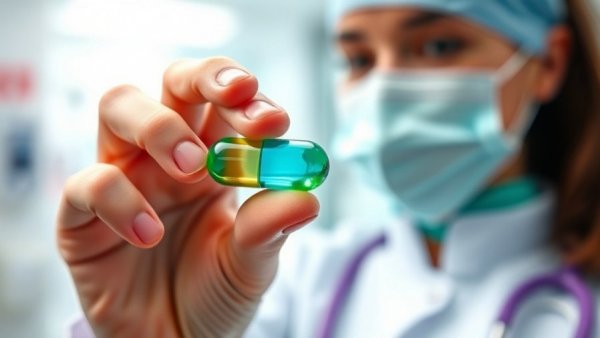Healthcare professional holding a green-blue capsule, suggesting health benefits.