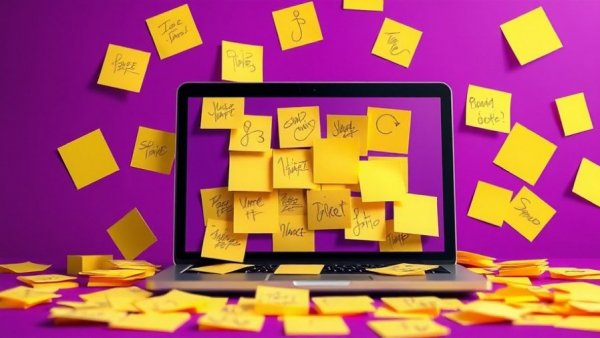 Laptop screen with sticky notes illustrating chaos, emphasizing AI features in OmniFocus.