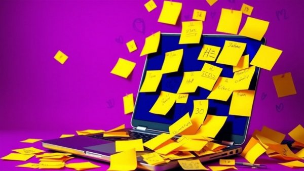 Yellow sticky notes covering a laptop, representing AI features in OmniFocus.