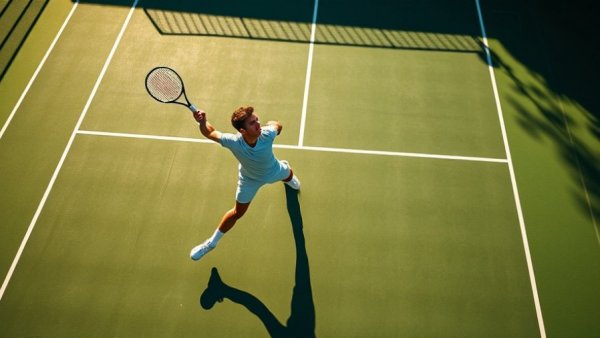 Aerial view of tennis player serving on a sunlit court.