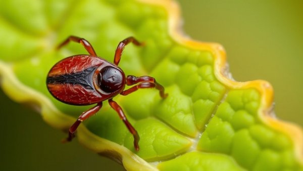 Close-up of tick on leaf related to red meat allergy.