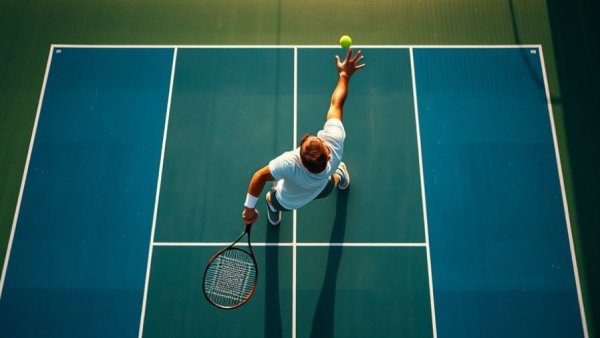 Aerial view of tennis player serving with dramatic shadows on the court