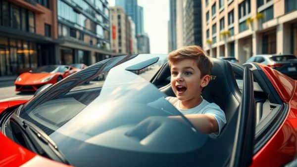 Kid excitedly revs a Ferrari in urban setting.