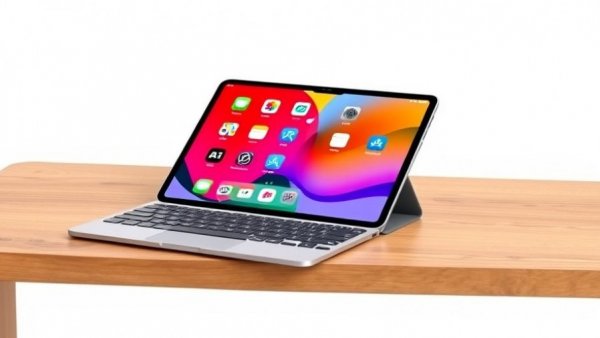 M5 iPad Pro in laptop mode on desk, apps displayed.