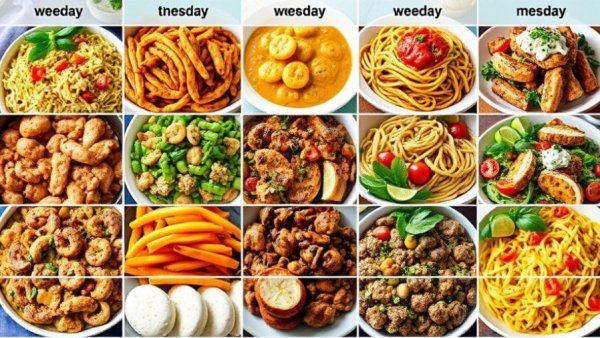 Weekly meal planning chart with recipes and shopping list.