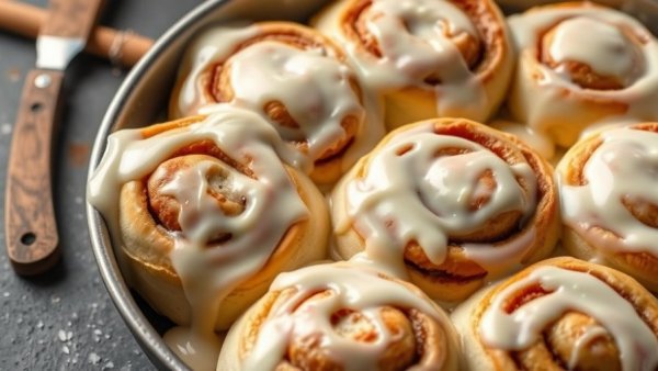 Best cinnamon rolls with glaze in a baking pan, top view.
