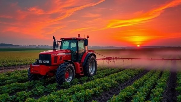 Tractor spraying crops at sunset in Pennsylvania agriculture.