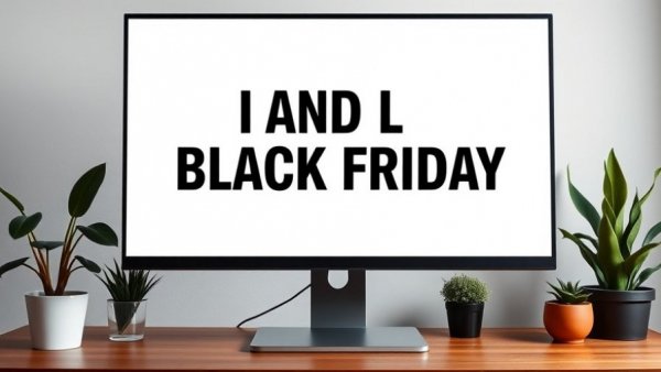 Monitor showing AI Black Friday shopping text in a home office.