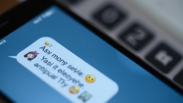 Close-up of text message scam asking for money with emoticons.