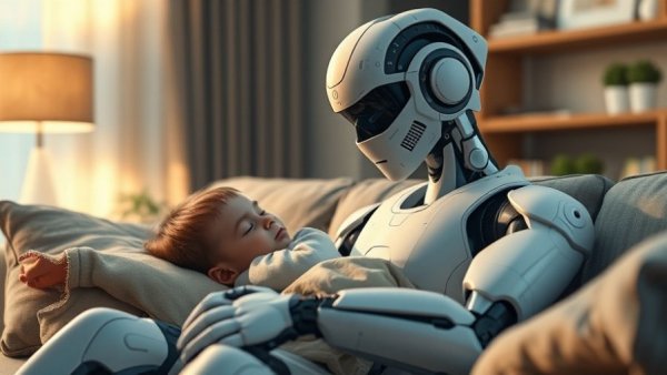 Humanoid Robotics Breakthroughs: advanced robot comforting sleeping child in cozy room.