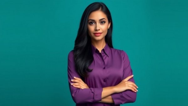 Confident woman in purple blouse, serene expression, teal background.