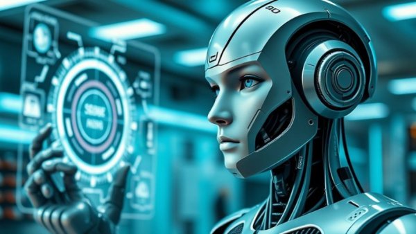 Futuristic robot in high-tech lab exploring GEO Confidence Gap in AI-Driven Marketing.