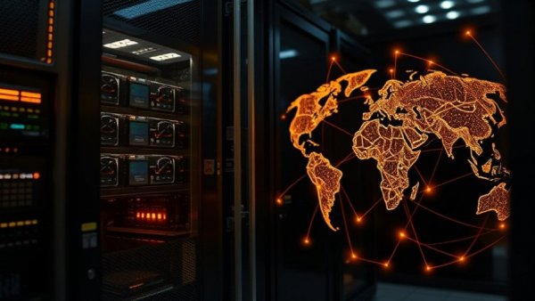 Futuristic data center server with global network visualization.