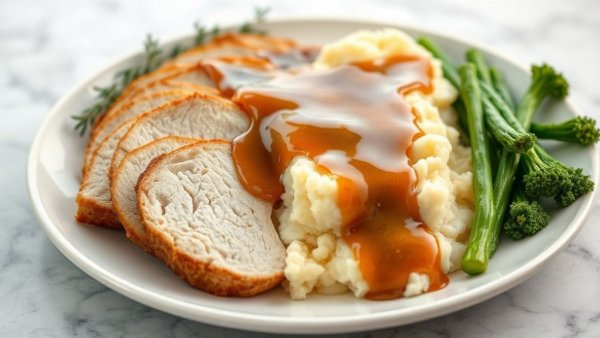 Gluten-Free Gravy Recipe with turkey and mashed potatoes on a plate.
