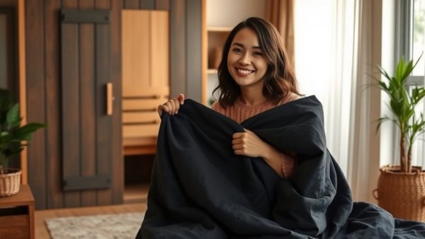 Woman setting up HigherDOSE blanket in cozy living room.