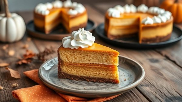 Sugar-free layered pumpkin cheesecake slice with whipped cream on rustic table.