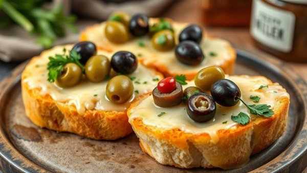 Savory Matt’s Olive Cheese Bread slices topped with olives.