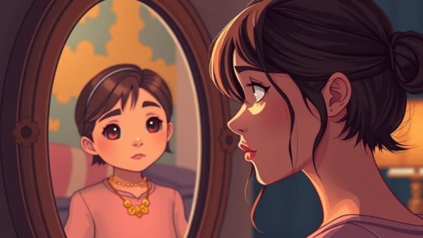 Reflective scene calming anxiety rooted in childhood wounds, mirror gaze.