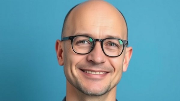 Bald man with glasses smiling in front of a blue background.