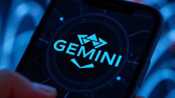 Gemini 3 AI Model Updates logo on smartphone screen with digital wave.