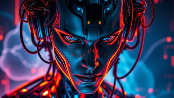 Futuristic cyborg in AI Product Suite for Self-Integrating Software, intense glare.