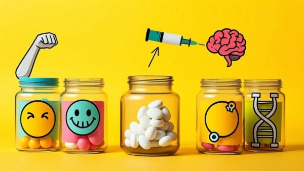 Cartoon jars symbolizing peptide therapy with health icons in a bright setting.