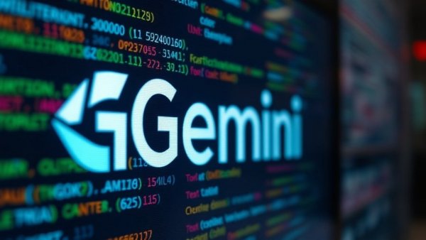 Futuristic display of Google Gemini 3 performance with dynamic code background.