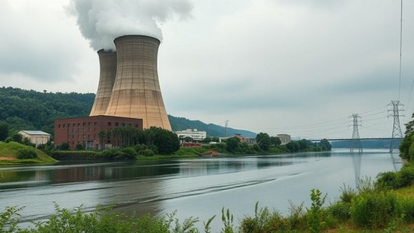 Powerful cooling towers of Three Mile Island with nature backdrop.