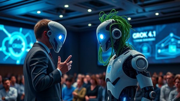Grok 4.1 AI Release Update with humanoid robot and speaker on stage.