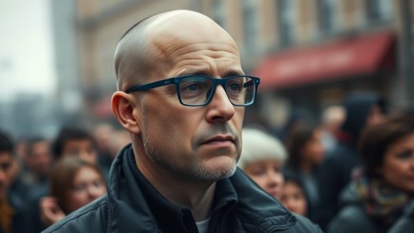Thoughtful man with blue glasses outdoors, Google DeepMind Robotics.