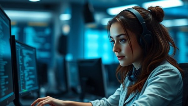 Programmer analyzing code for slopsquatting attacks in AI development.