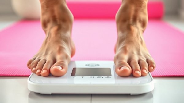 Bare feet on digital scale, bright space for weight management solutions Australia.