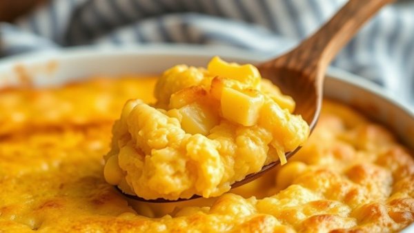 Golden-brown corn soufflé recipe in a baking dish.