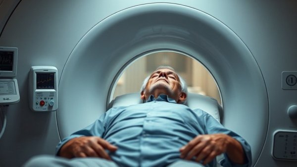 Elderly man undergoing lung cancer screenings in CT scanner.