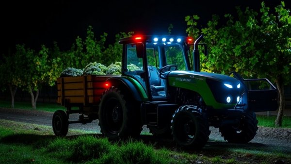 Electric tractor at night in vineyard, Monarch Tractor layoffs.